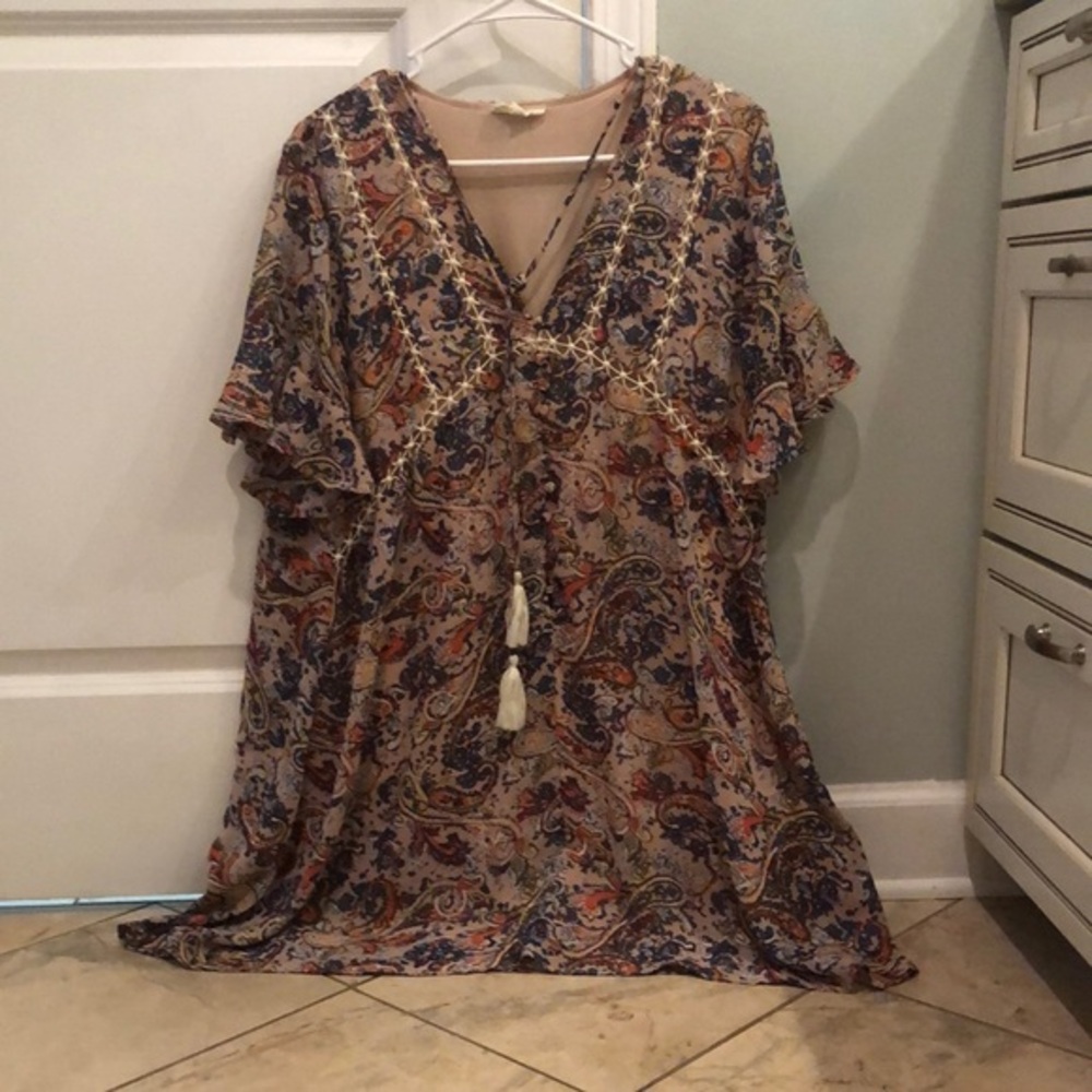 Entro Blue and Red Tie Front Maxi Dress with Dolman Sleeves